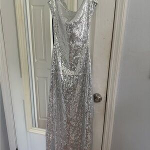 Lavish Silver Sequin Plunge Gown